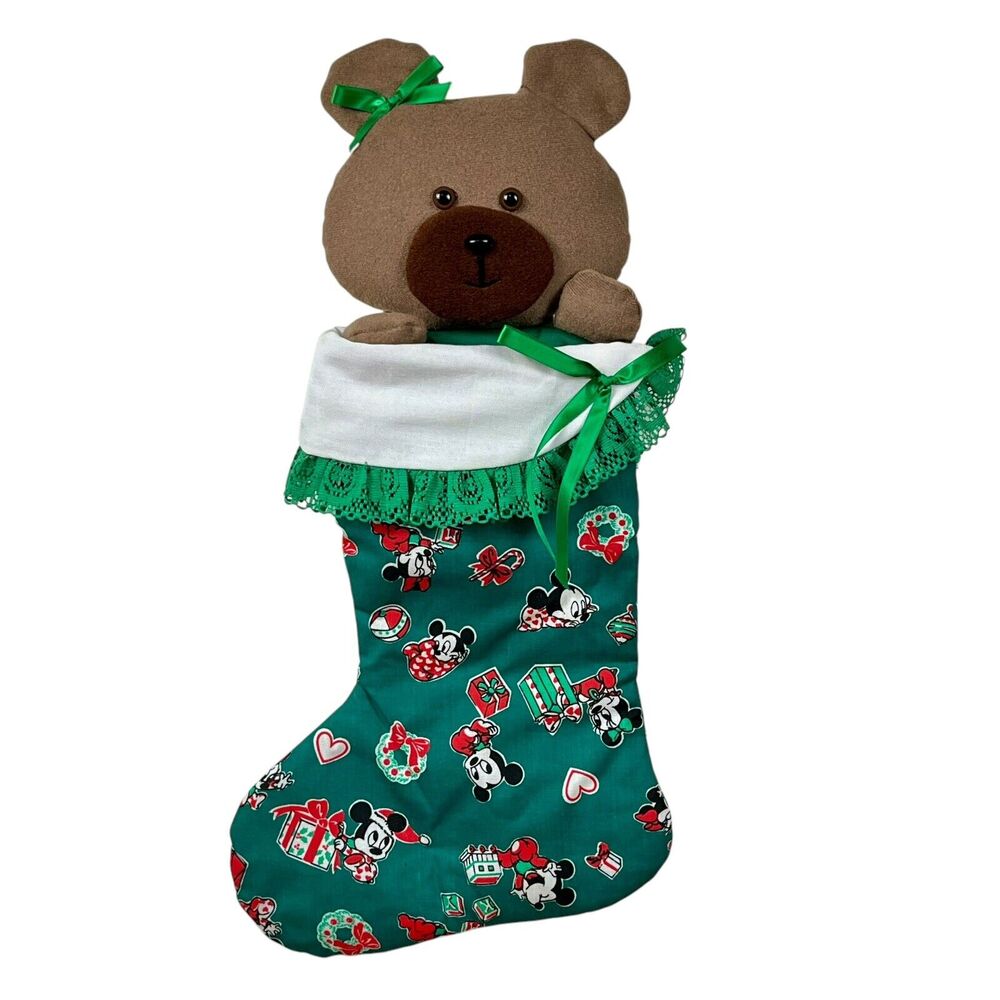 Vintage 80s 3D Teddy Bear Christmas Stocking Mickey Minnie Disney Babies Fabric
